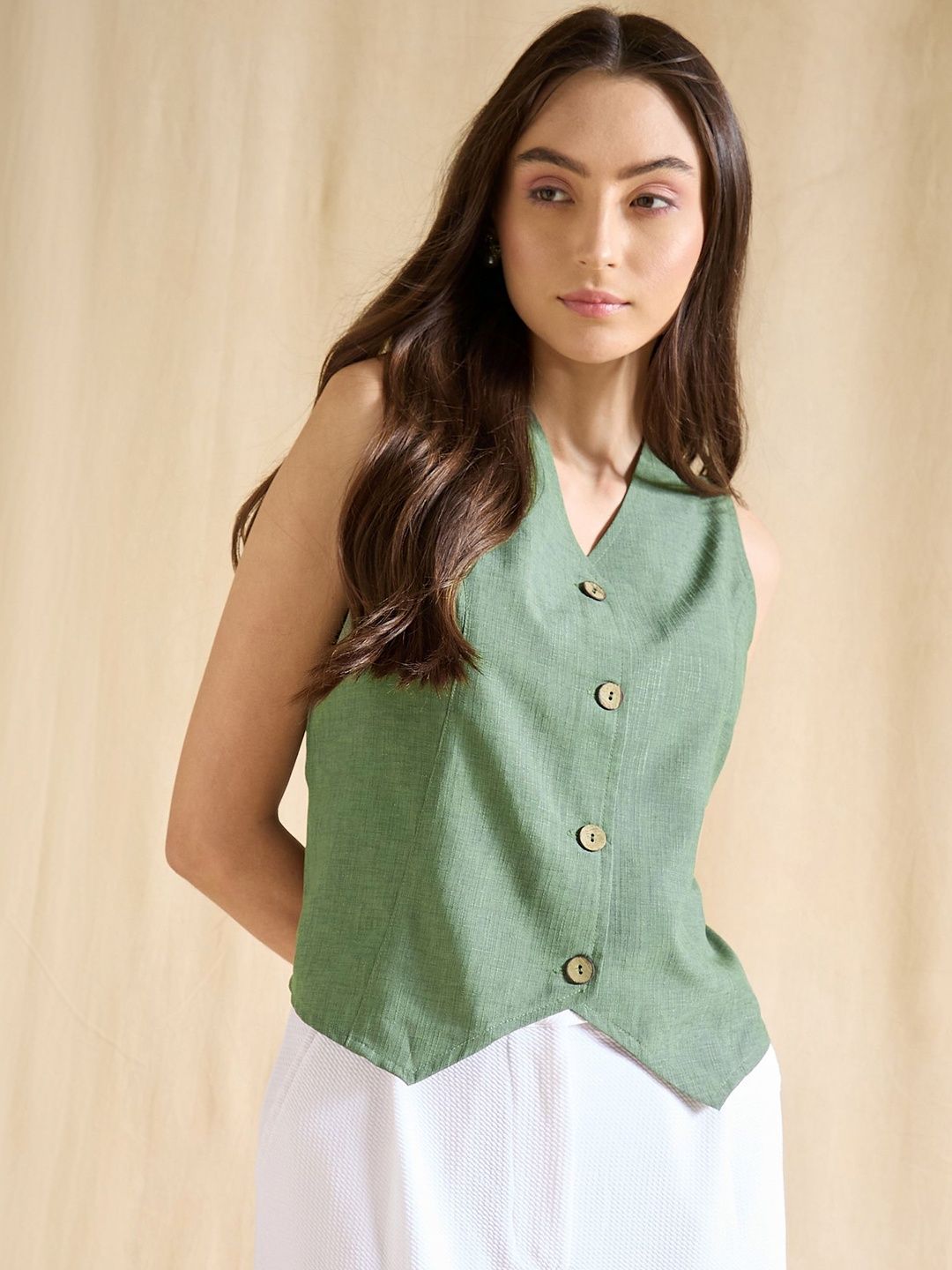 DRAPE AND DAZZLE V-Neck Sleeveless Cotton Linen Button-Front Woven Waistcoat-picture-33