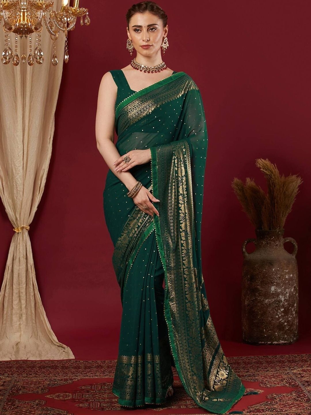 Shiv Textiles Ethnic Motifs Zari Poly Georgette Heavy Work Saree-picture-20