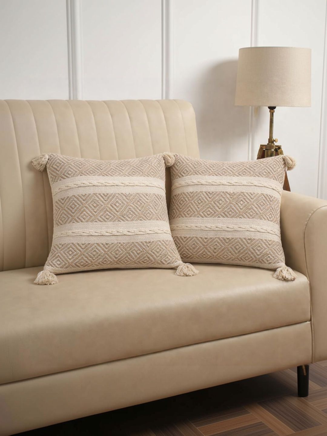 WEAVERS HUT Beige Set of 2 Geometric Square Cushion Covers-picture-11