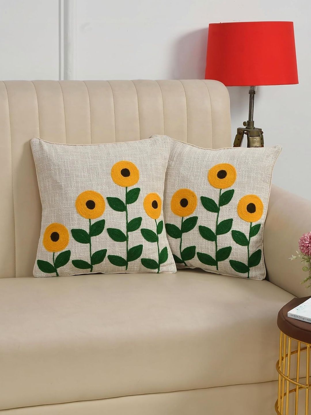 WEAVERS HUT Beige & Yellow Set of 2 Floral Square Cushion Covers-image-39