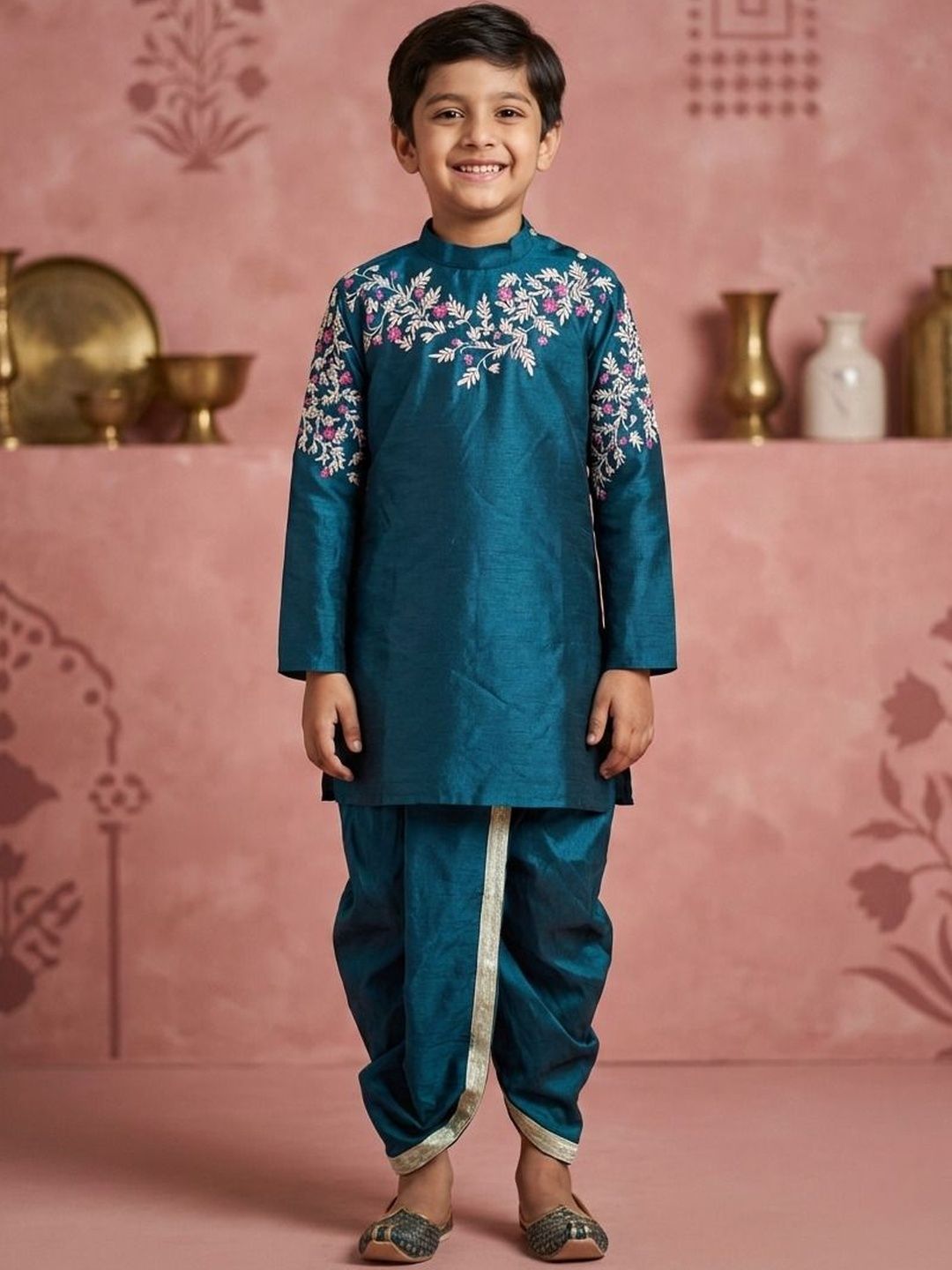 Cae Boys Ethnic Motifs Embroidered Regular Thread Work Dupion Silk Kurta with Dhoti Pants-picture-13