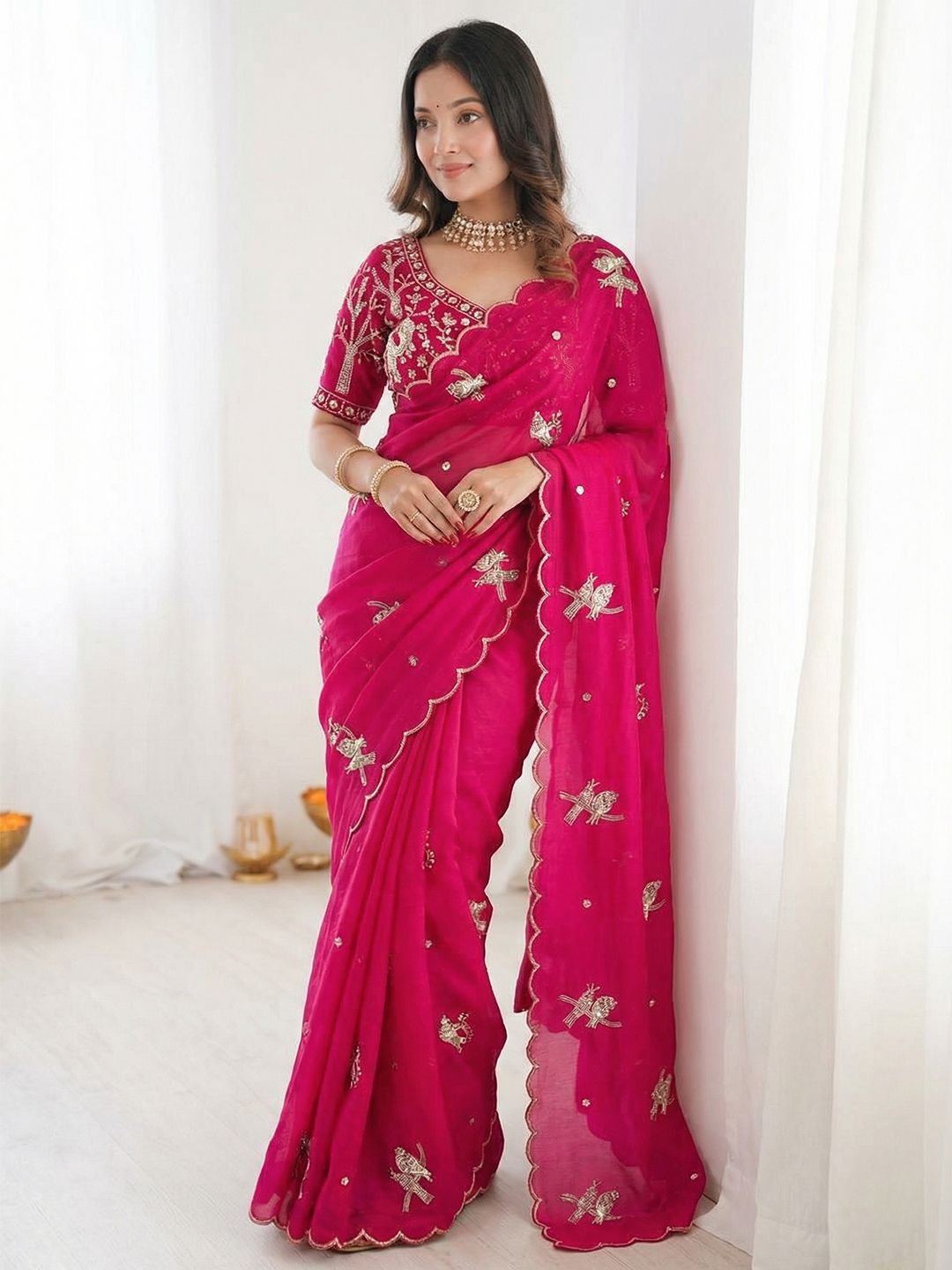 Kalista Ethnic Motifs Embroidered Satin Heavy Work Saree with Embroidered Stitched blouse
