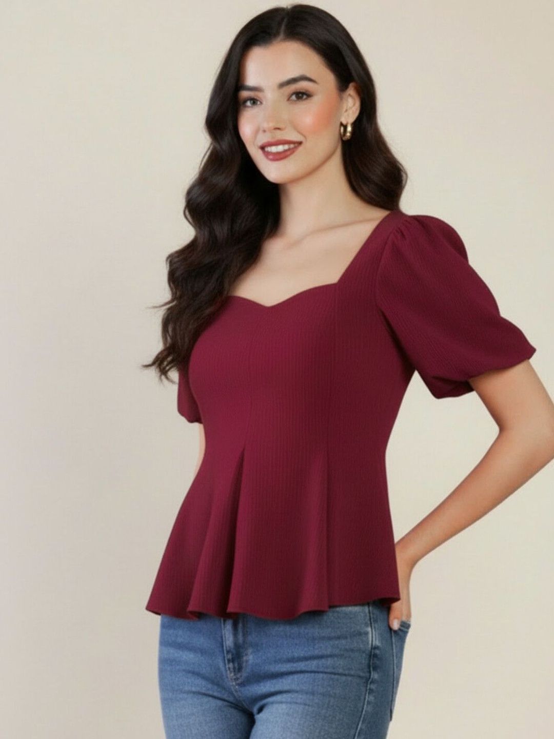 Uptownie Stretchable Puff Sleeve Peplum Top-picture-15