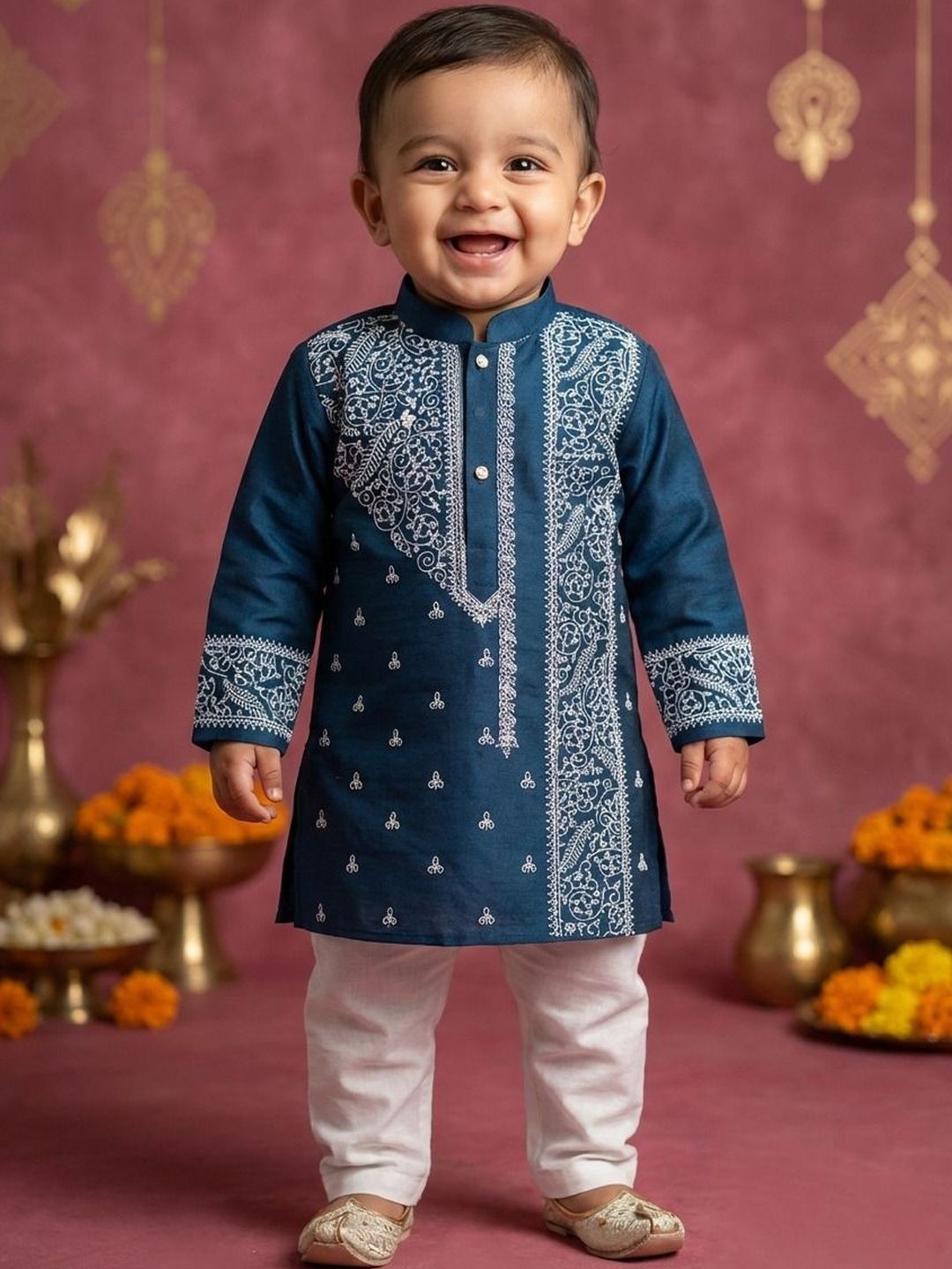 BAESD Boys Ethnic Motifs Embroidered Regular Thread Work Dupion Silk Kurta with Pyjamas-picture-10