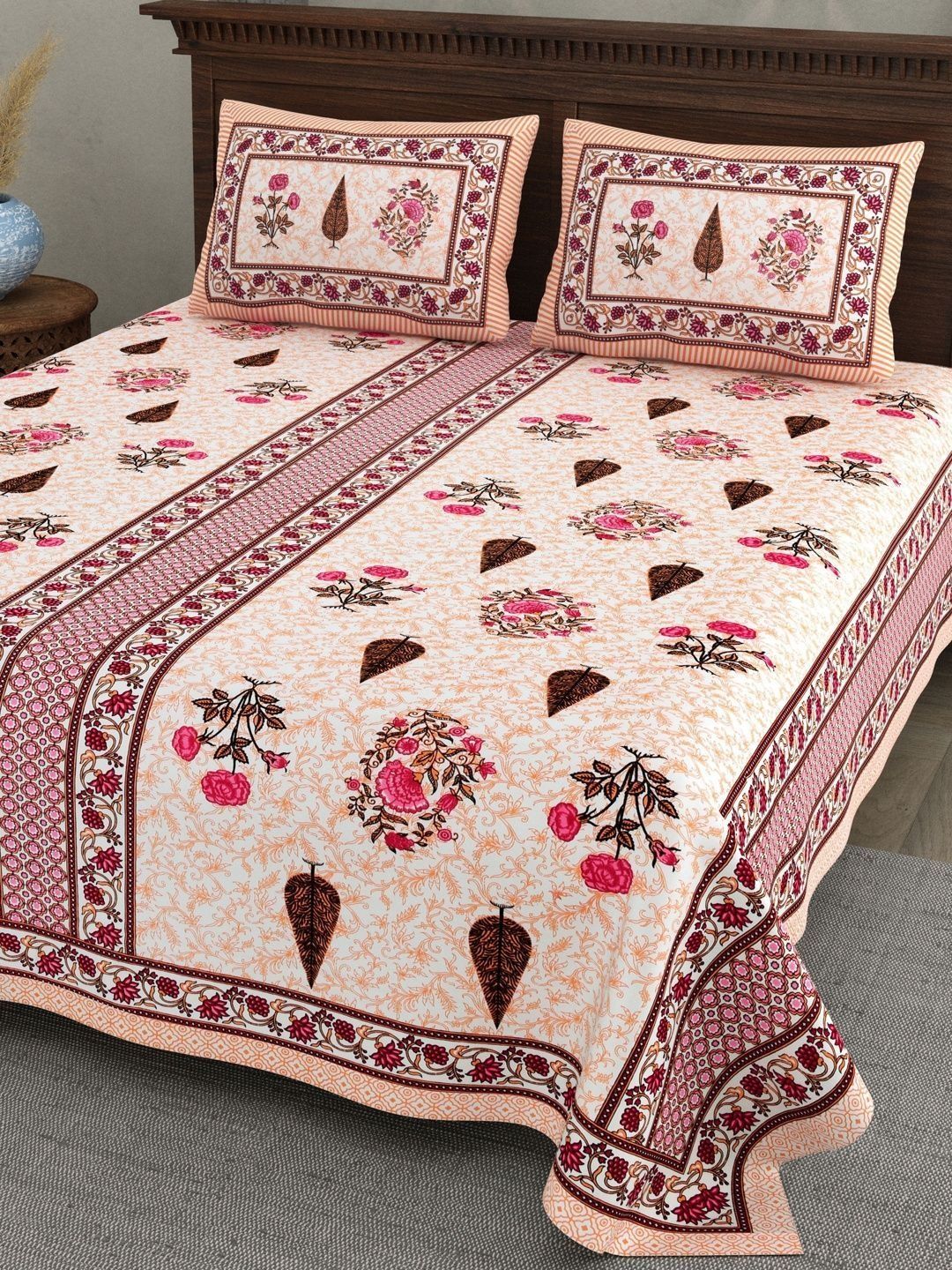 Maa Collection Cream-Coloured Floral 180 TC King Bedsheet with 2 Pillow Covers-image-0