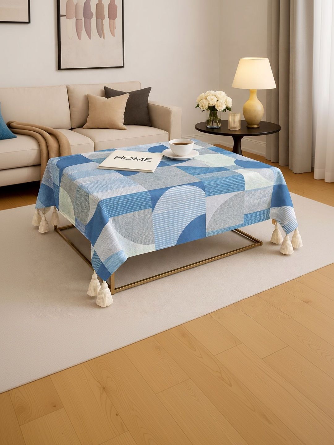 THROWPILLOW Blue Geometric Printed Anti-Slip 8-Seater Table Cover with Embellished details-image-34