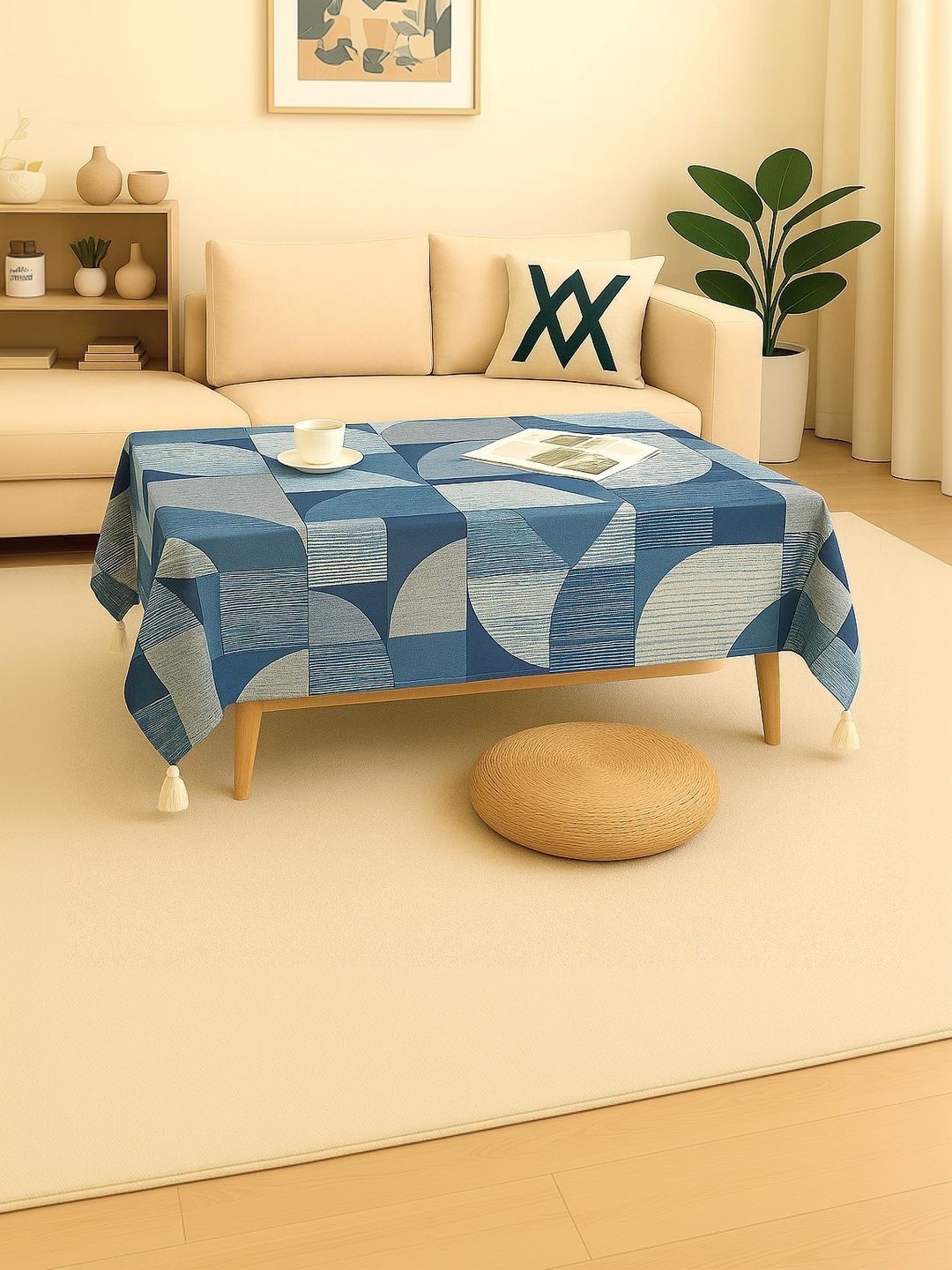 THROWPILLOW Blue Geometric Pattern With White Corner Tassel Table Cover - 52X120 Inch-picture-52