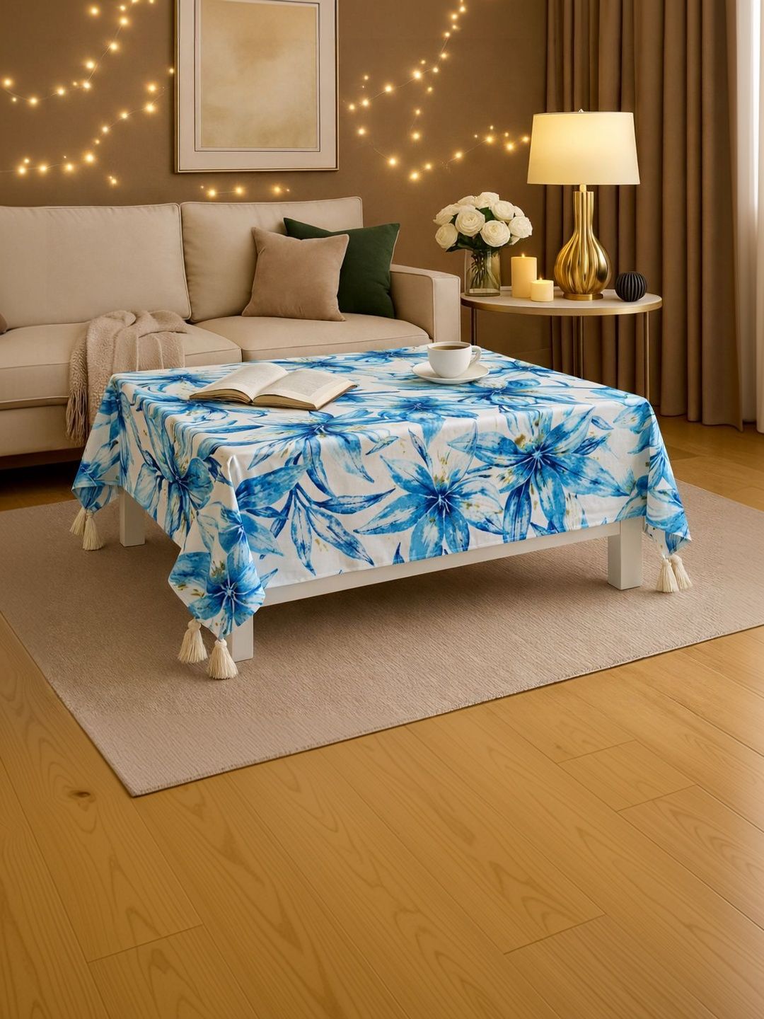 THROWPILLOW Blue Anti-Slip 8-Seater Table Cover with Embellished details-image-17