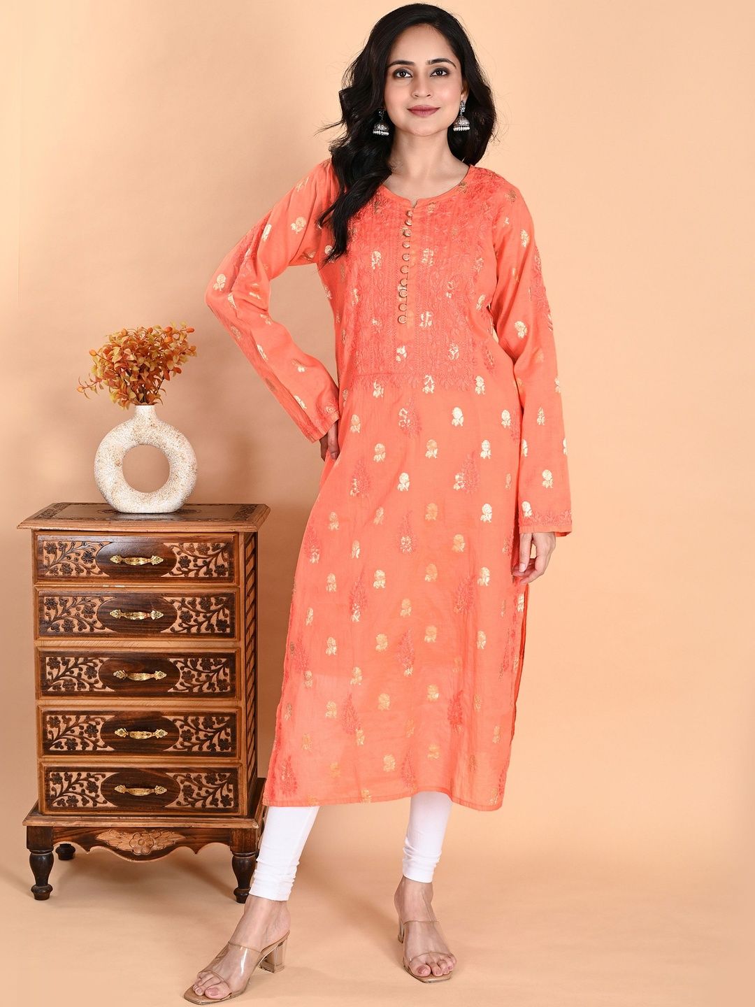 NAZAIRA Floral Embroidered Chikankari Chanderi Cotton Handloom Chikankari Kurti-image-32