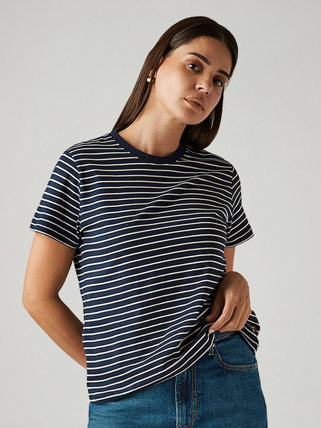 Levis Women's Striped Navy Crew Neck T-shirt