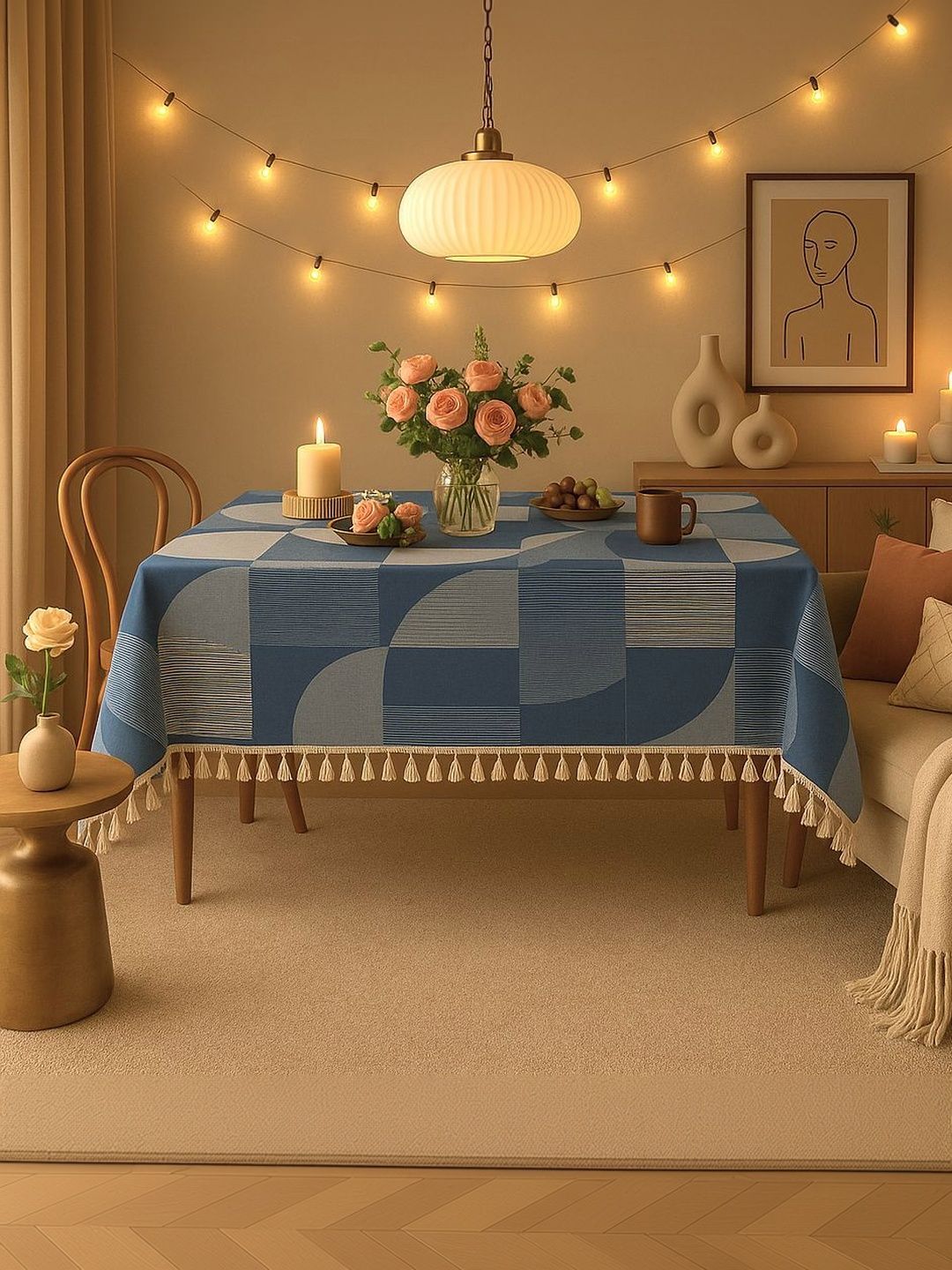 THROWPILLOW Blue Geometric Pattern With Trim Tassel Lace Table Cover - 52x108 Inch-image-4