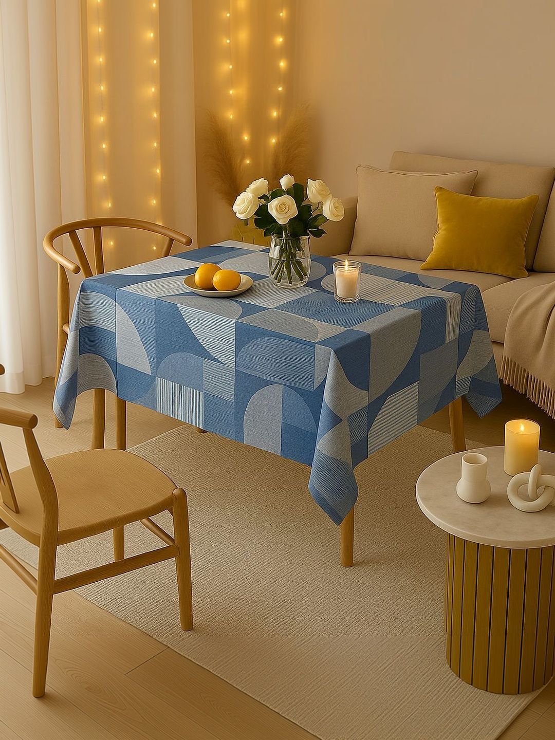 THROWPILLOW Blue Geometric Printed Anti-Slip 8-Seater Table Cover with Embellished details-image-33