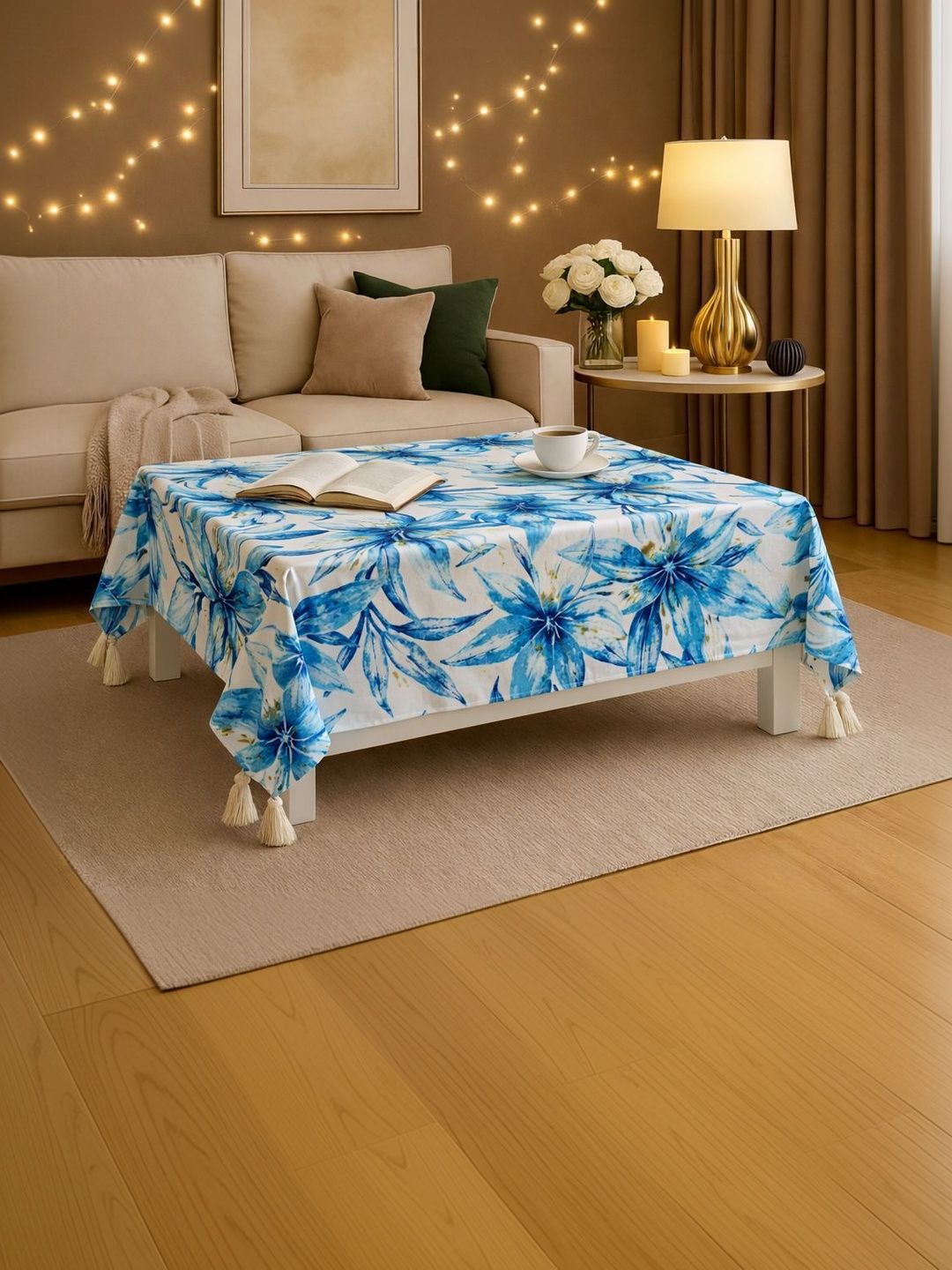 THROWPILLOW Blue Anti-Slip 8-Seater Table Cover with Embellished details-image-24