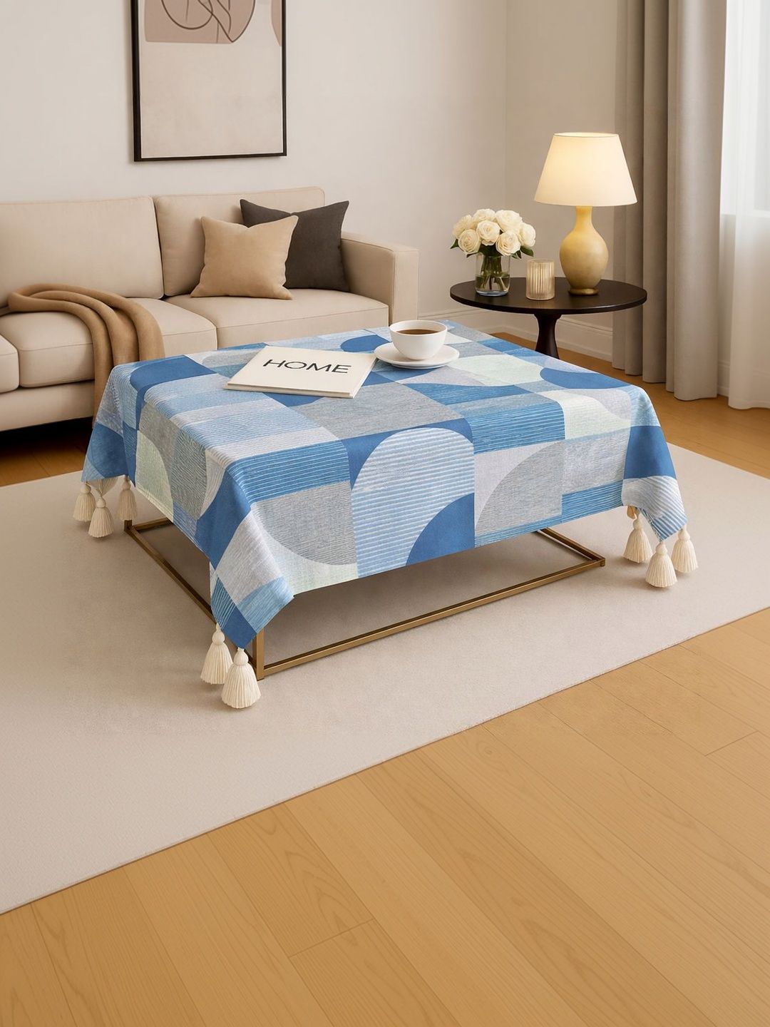 THROWPILLOW Blue Geometric Printed Anti-Slip 8-Seater Table Cover with Embellished details-image-38