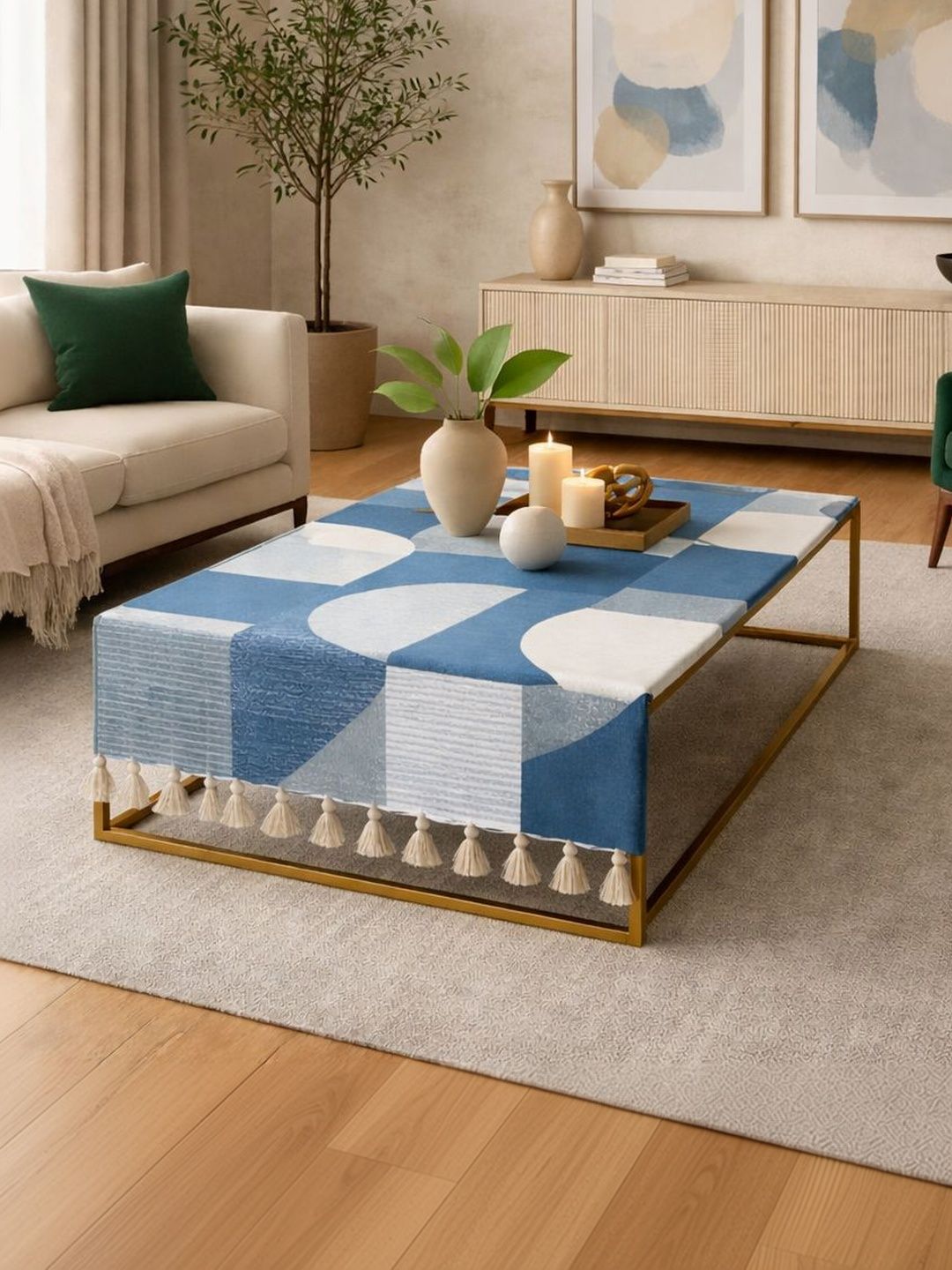 THROWPILLOW Blue Geometric Printed Anti-Slip 8-Seater Table Cover with Embellished details-image-49