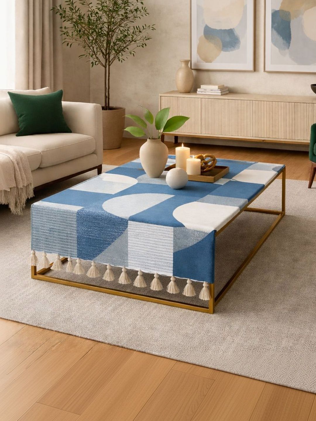 THROWPILLOW Blue Geometric Printed Anti-Slip 8-Seater Table Cover with Embellished details-image-32
