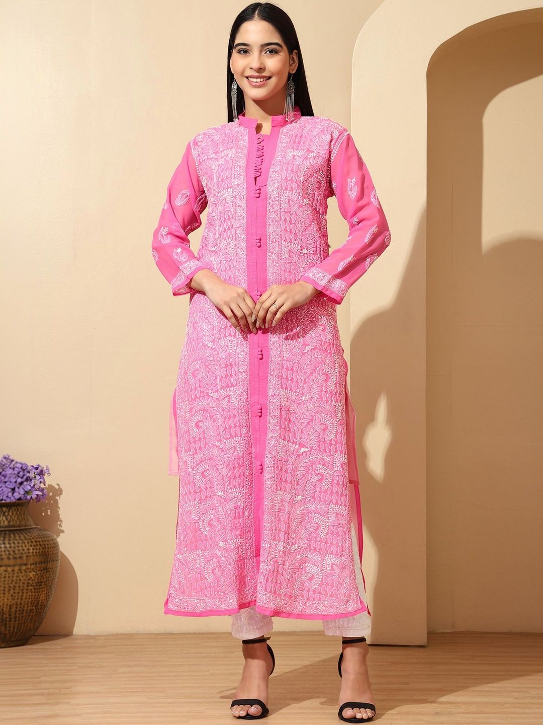 NAZAIRA Floral Embroidered Chikankari Pure Georgette Handloom Chikankari Kurti-image-14