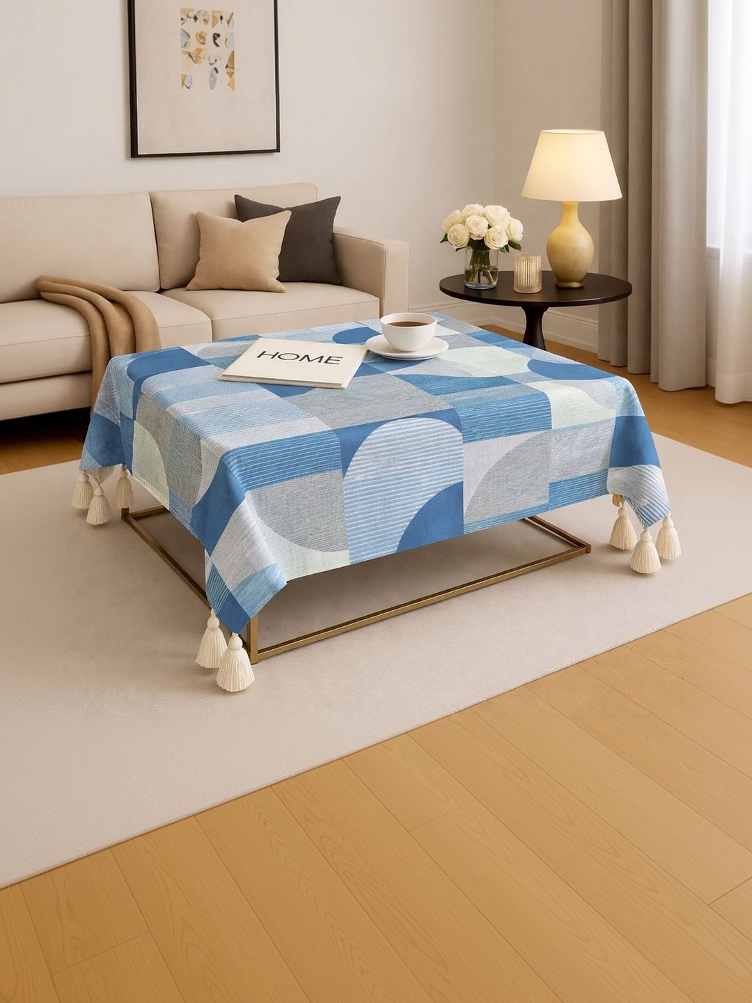 THROWPILLOW Blue Geometric Printed Anti-Slip 8-Seater Table Cover with Embellished details-image-39