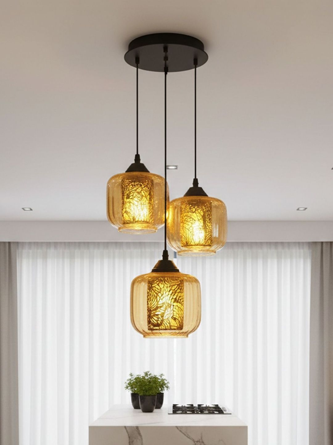 MFD HOME FURNISHING Gold-Toned & Black Glass Contemporary Ceiling Lamp-picture-40