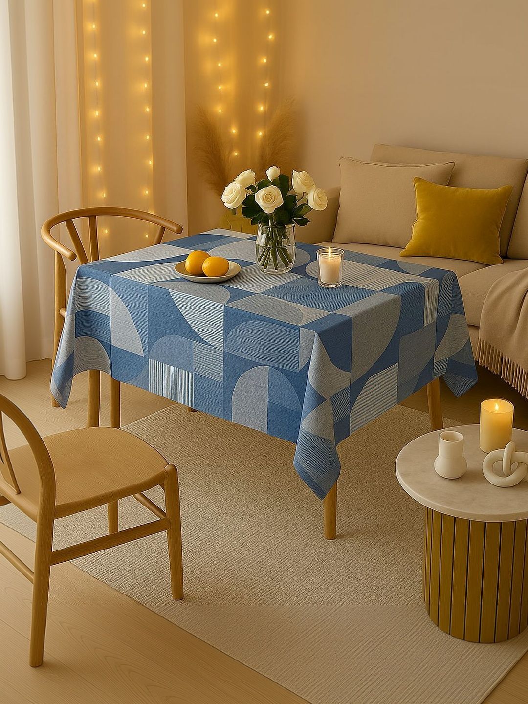 THROWPILLOW Blue Geometric Printed Anti-Slip 8-Seater Table Cover with Embellished details-image-44