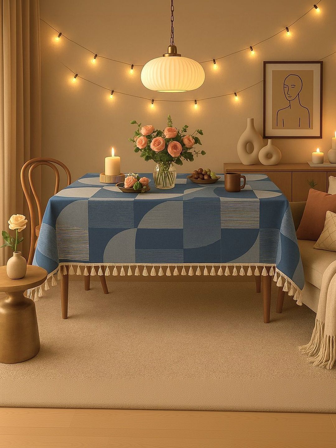 THROWPILLOW Blue Geometric Printed Anti-Slip 8-Seater Table Cover with Embellished details-image-45