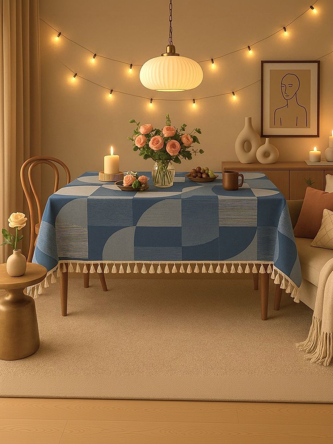 THROWPILLOW Blue Geometric Printed Anti-Slip 6-Seater Table Cover with Embellished details-image-37