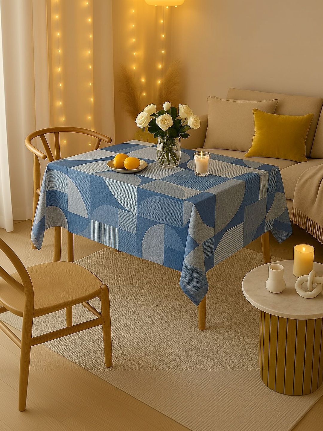 THROWPILLOW Blue Geometric Printed Anti-Slip 8-Seater Table Cover with Embellished details-image-40