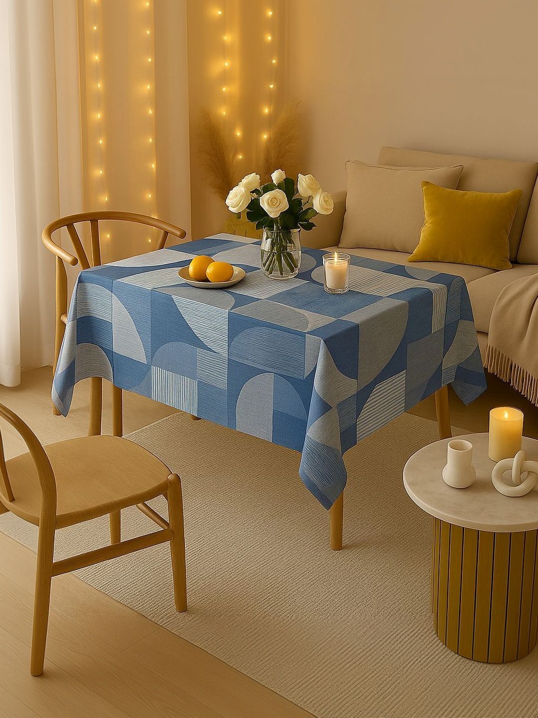 THROWPILLOW Blue Geometric Printed Anti-Slip 8-Seater Table Cover with Embellished details-picture-10