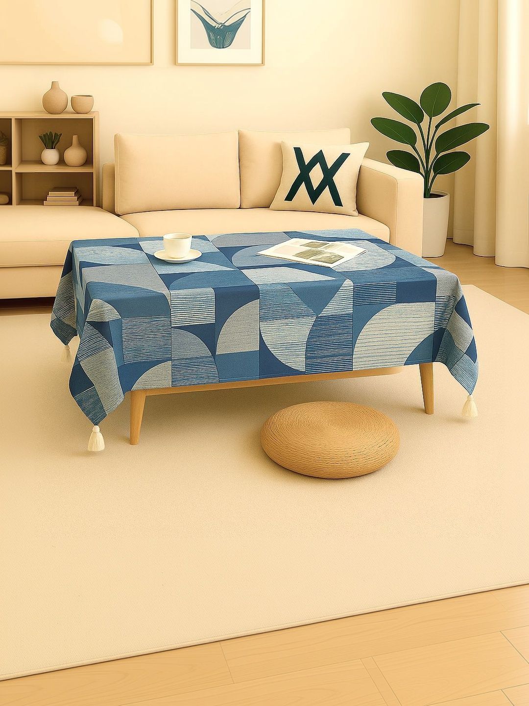 THROWPILLOW Blue Geometric Printed Anti-Slip 8-Seater Table Cover with Embellished details-picture-5