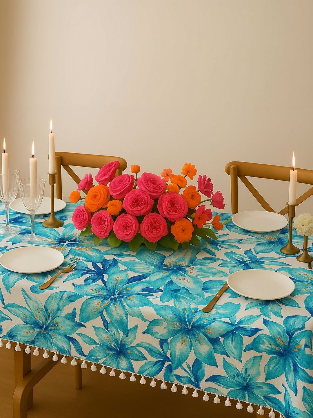 THROWPILLOW Blue Anti-Slip 8-Seater Table Cover with Embellished details-image-23