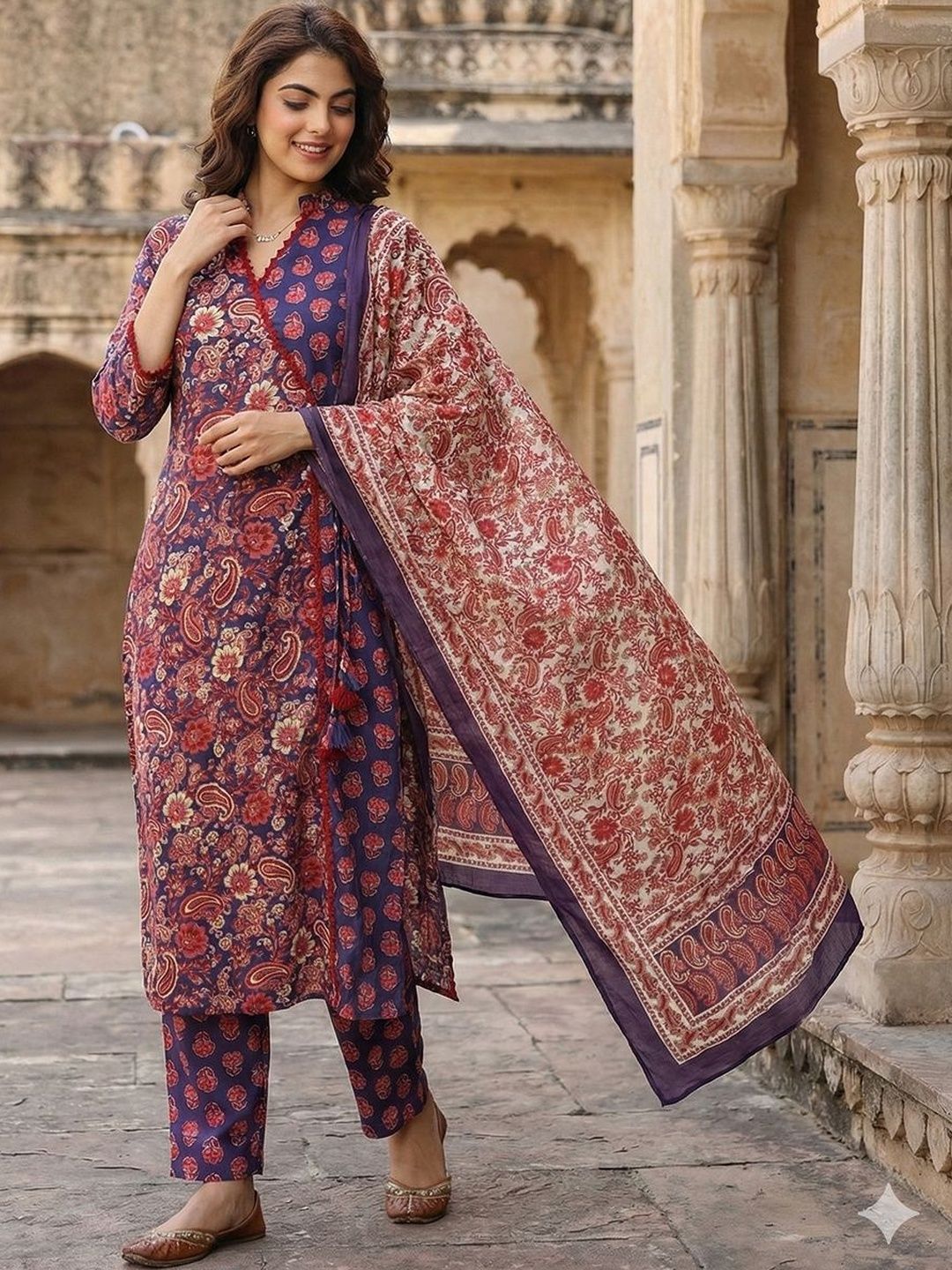 Buy Anouk Women Paisley Printed Angrakha Patchwork Pure Cotton Kurta ...