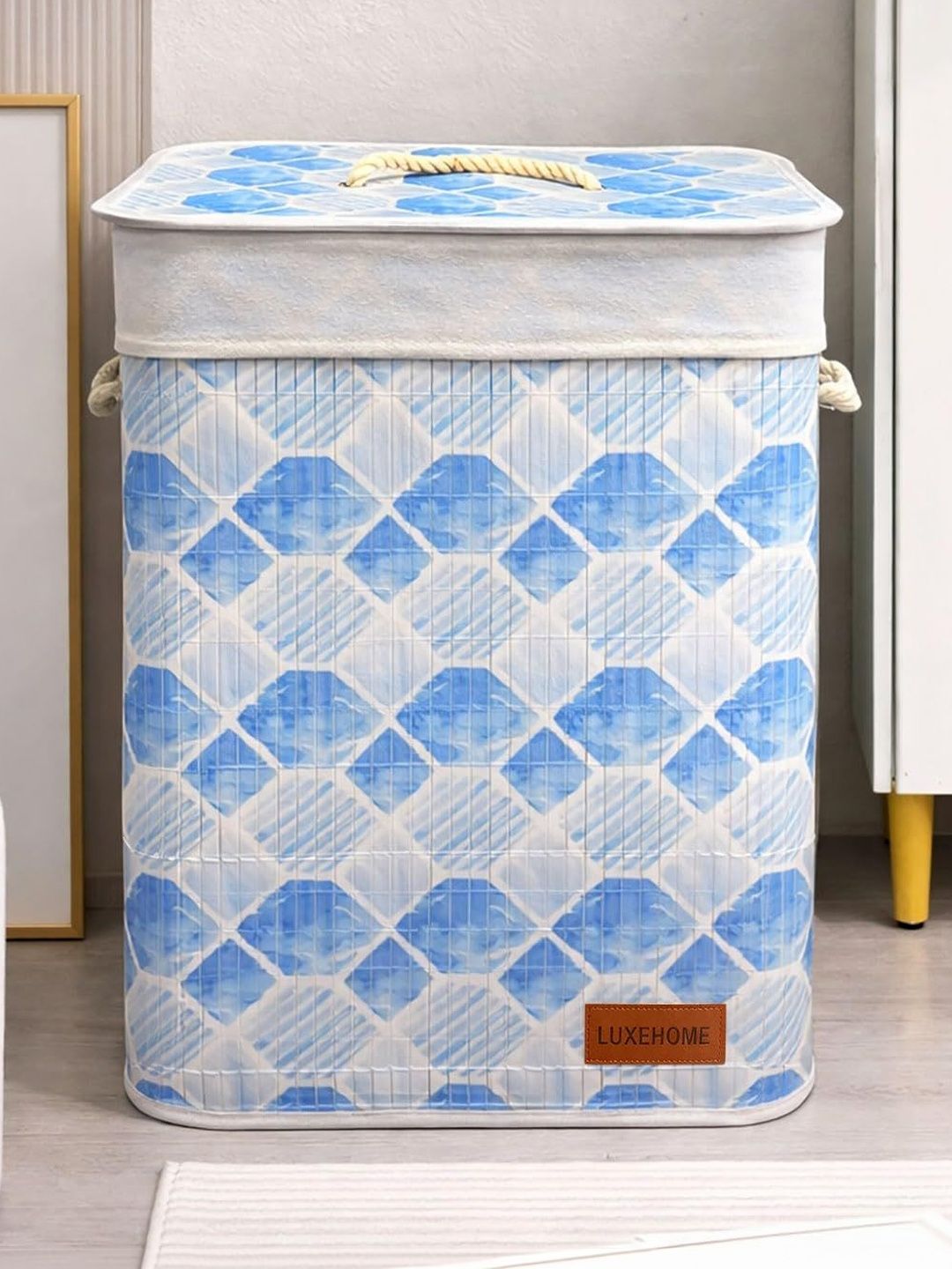 LUXEHOME INTERNATIONAL Blue & Grey Printed Bamboo Foldable Laundry Bag With Lid-picture-50