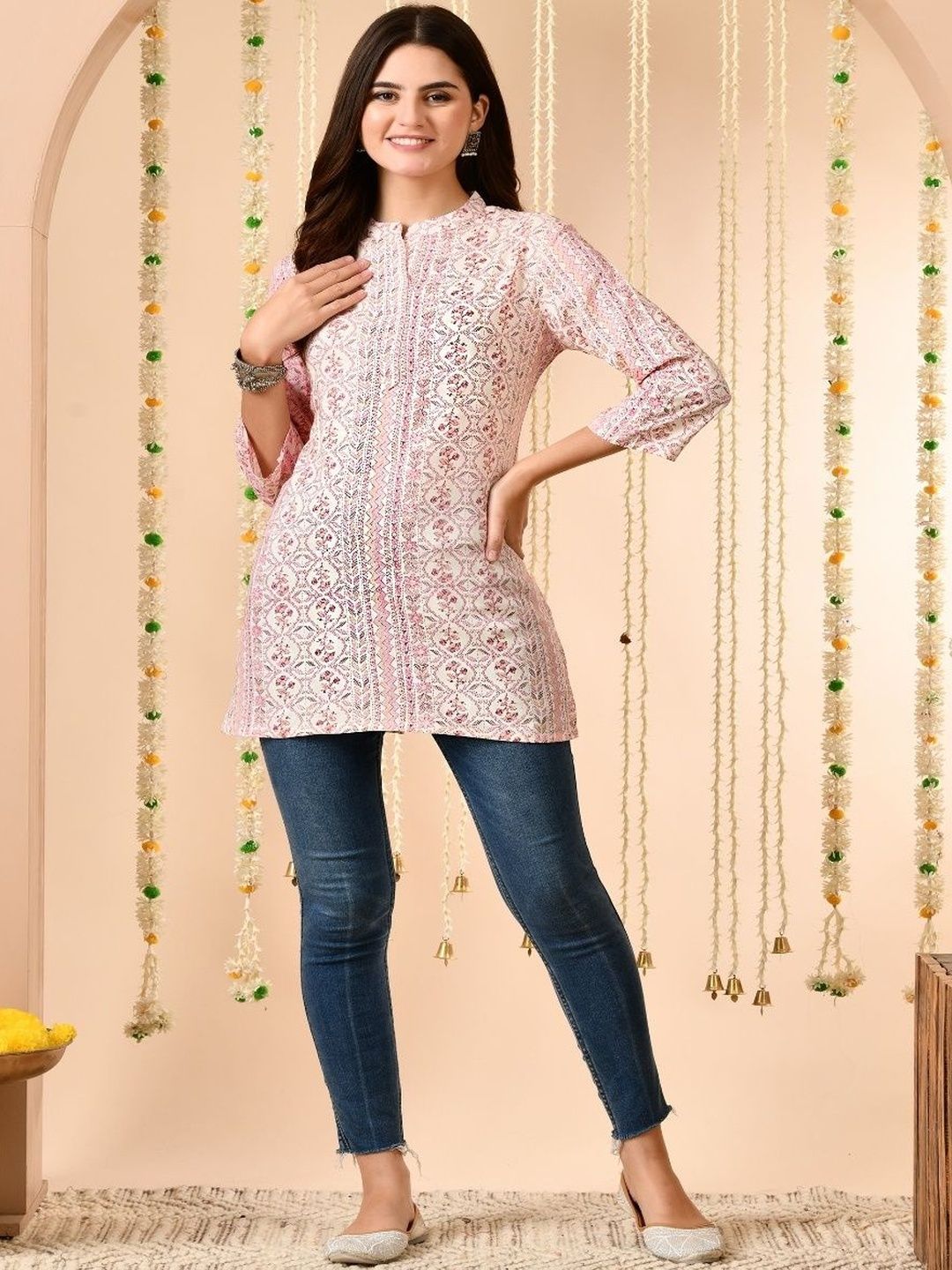 VIDHANI Floral Print Mandarin Collar Ethnic Cotton Blend Top-picture-27