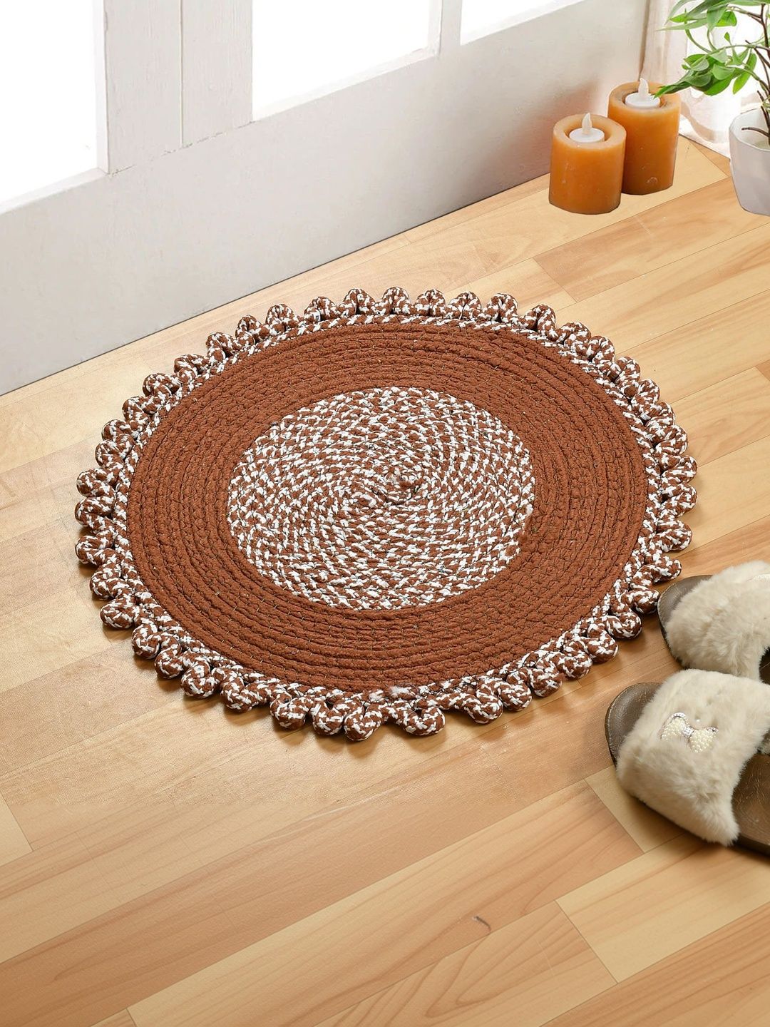 FINE TEX WORLD Brown & White Self-Designed Soft & Thick No-Shredding Round Doormat-picture-19