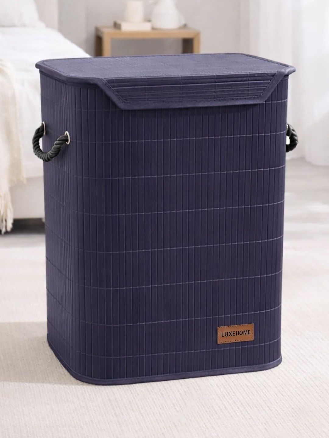 LUXEHOME INTERNATIONAL Navy Blue Bamboo Foldable Laundry Bag With Lid-image-30