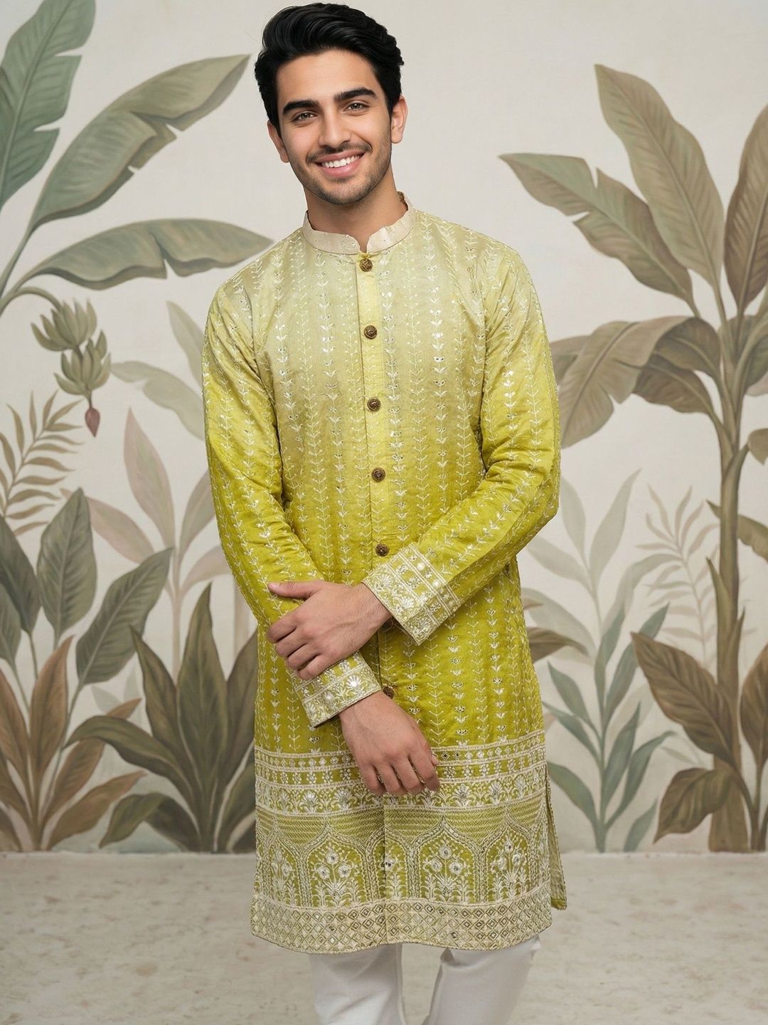 Jompers Men Floral Embroidered Thread Work Floral Kurta-picture-24