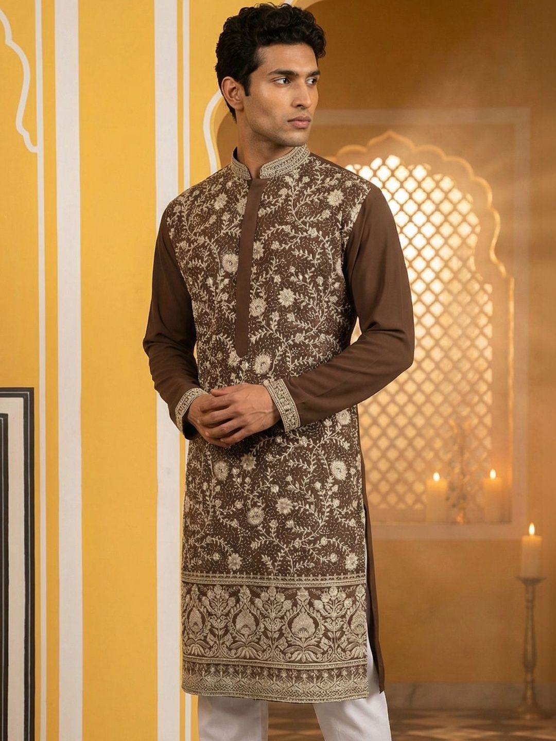 Jompers Men Floral Embroidered Sequinned Floral Kurta-picture-32
