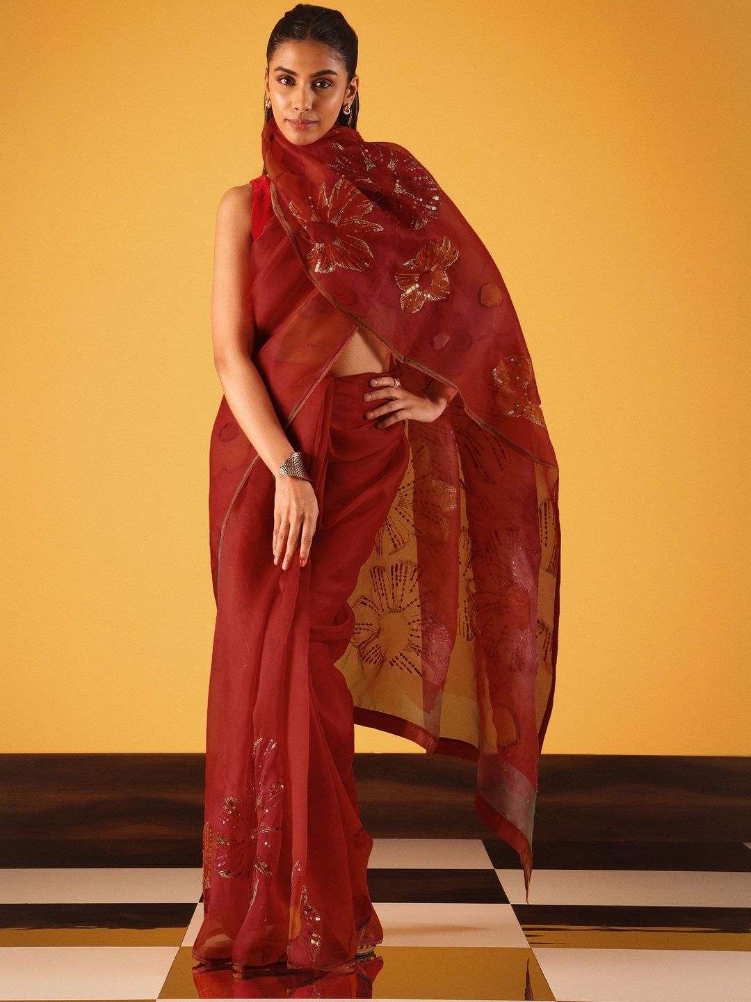 Satya Paul Floral Sequinned Silk Blend Fashion Saree-image-24