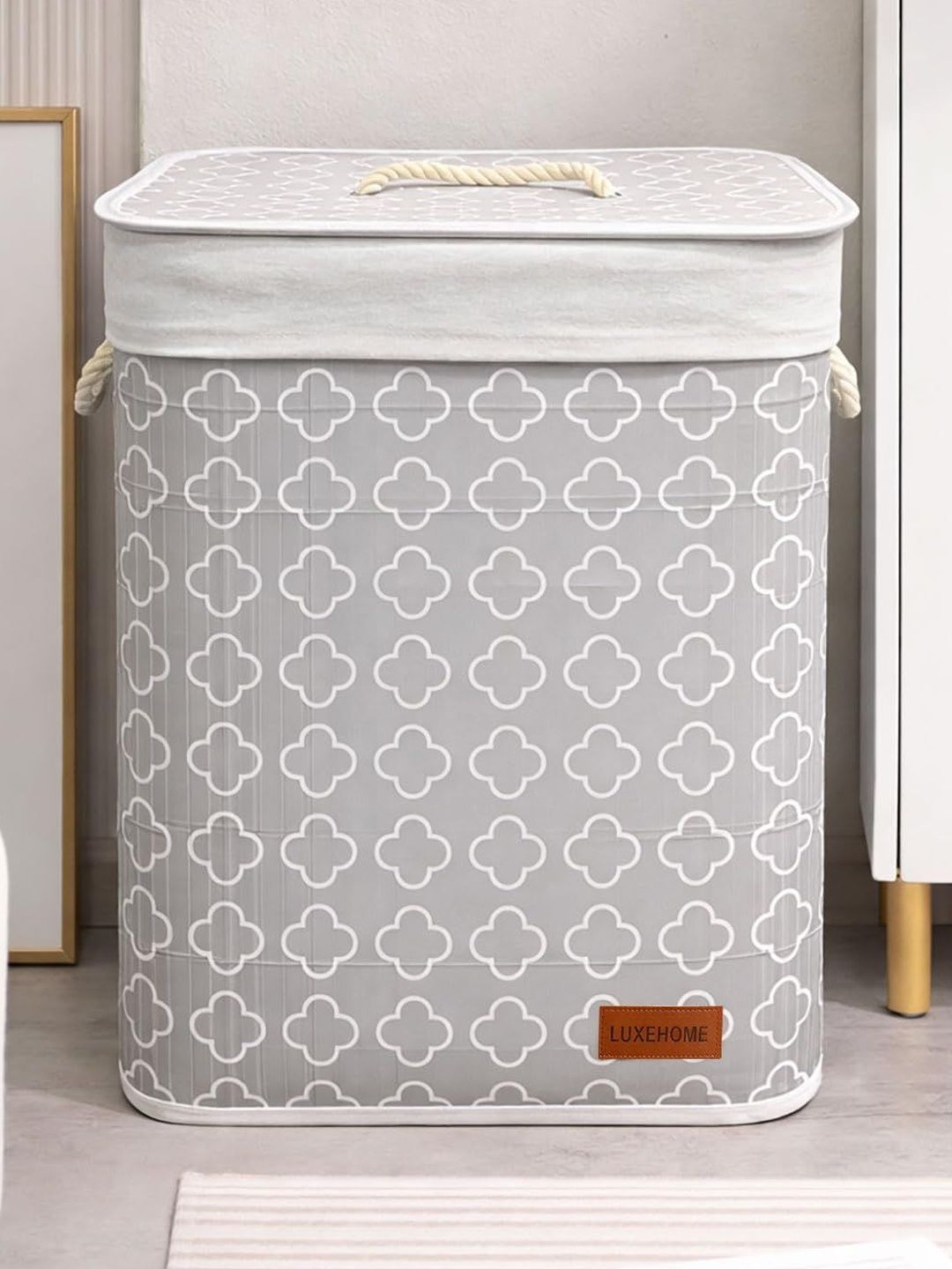 LUXEHOME INTERNATIONAL Cream & Grey Bamboo Foldable Laundry Bag With Lid-picture-21