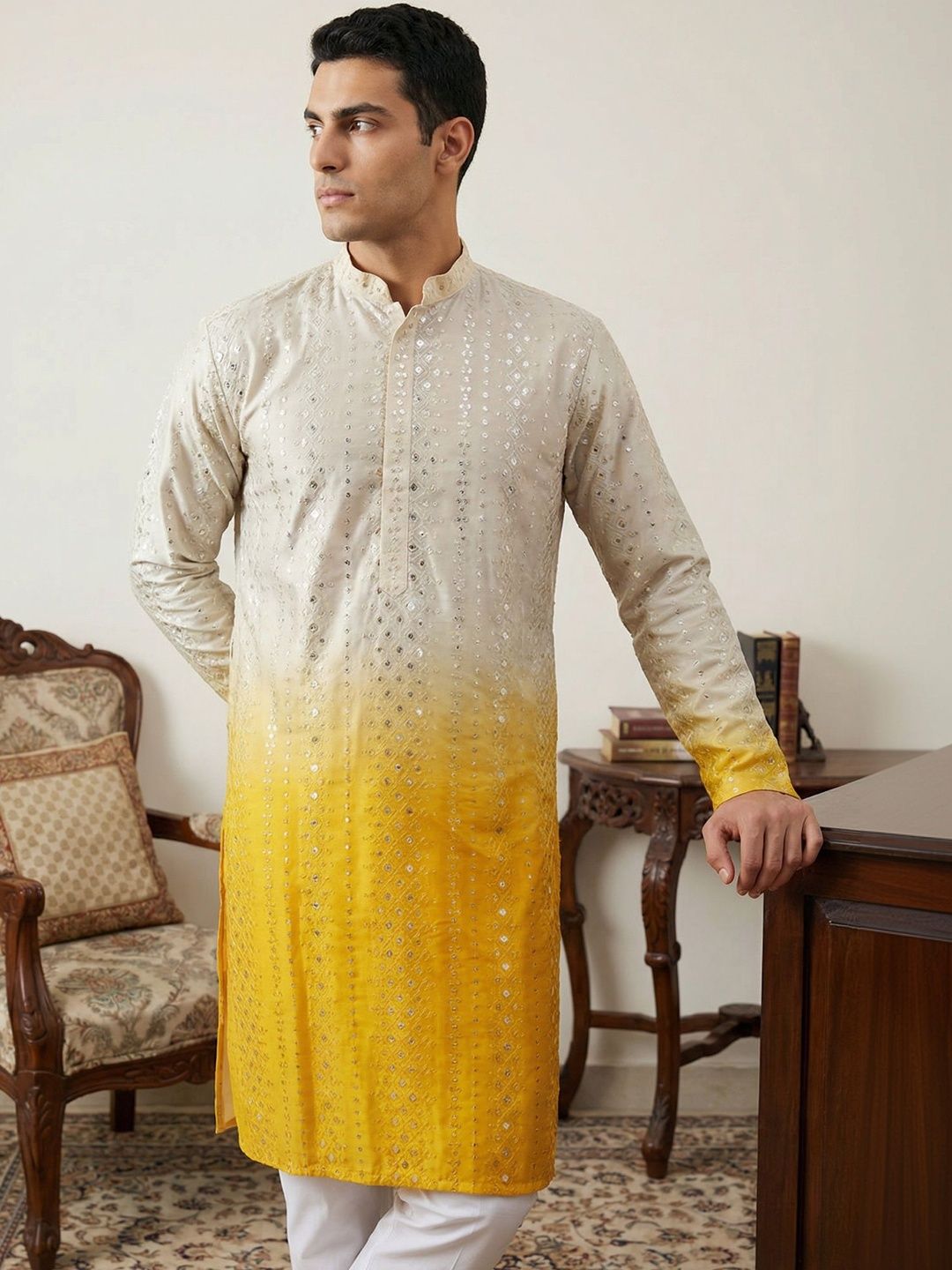 Jompers Men Geometric Embroidered Sequinned Kurta-picture-20