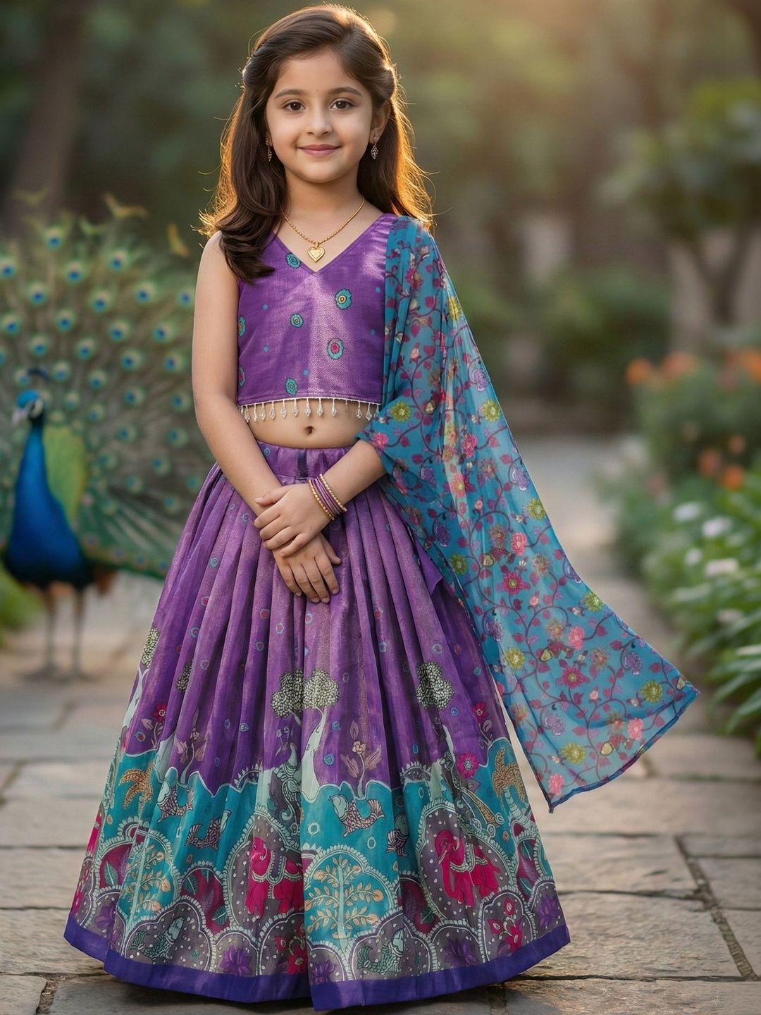 KALINI Girls Embellished Thread Work Ready to Wear Lehenga & Blouse With Dupatta