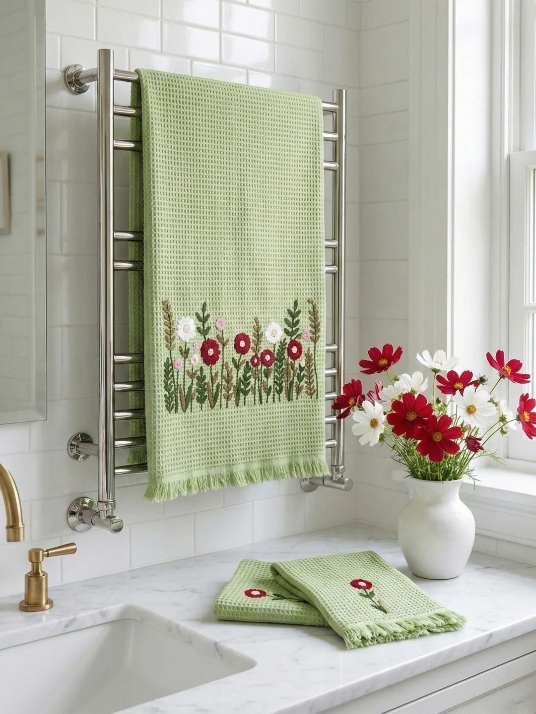 DESIGN GAATHA Green & Red 3 Piece Cotton 300 GSM Towel Set-image-13