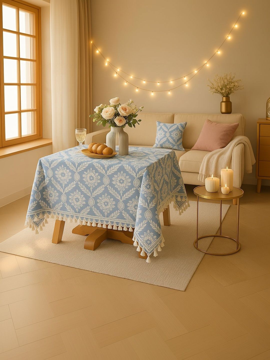 THROWPILLOW Grey Floral Anti-Slip 6-Seater Table Cover with Embellished details-picture-41