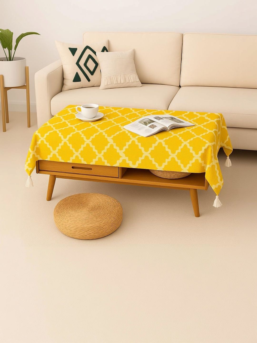 THROWPILLOW Yellow Geometric Printed Anti-Slip 8-Seater Table Cover with Embellished details-image-32