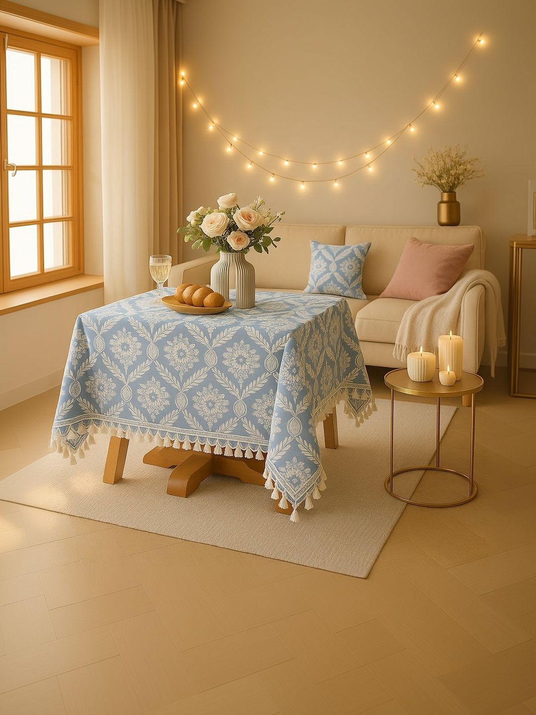THROWPILLOW Grey Floral Anti-Slip 6-Seater Table Cover with Embellished details-picture-42