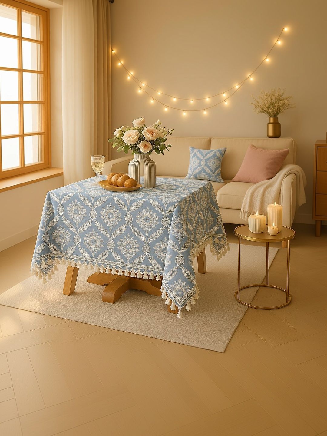 THROWPILLOW Grey Floral Anti-Slip 8-Seater Table Cover with Embellished details-picture-23