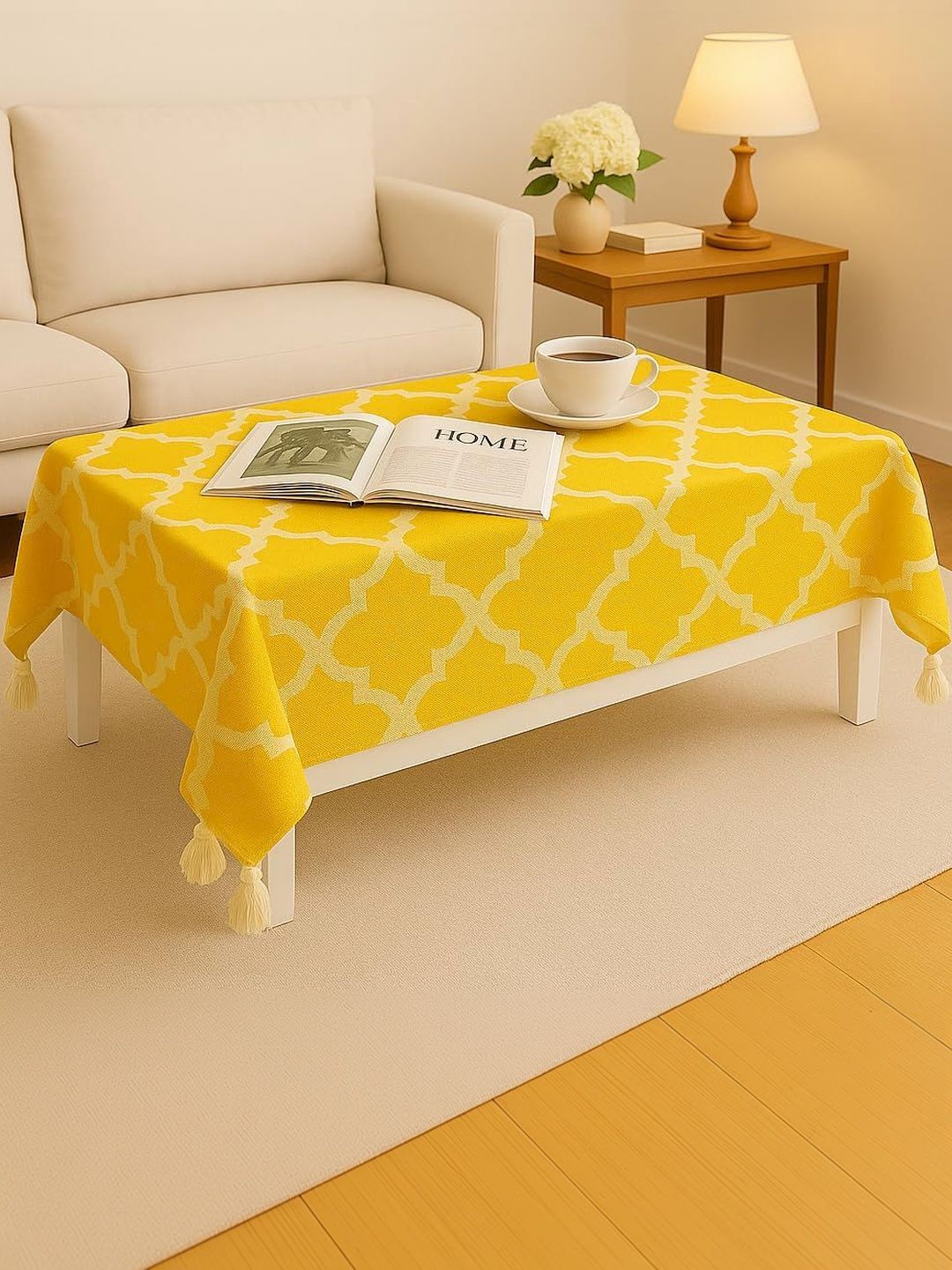 THROWPILLOW Yellow Geometric Printed Anti-Slip 6-Seater Table Cover with Embellished details-picture-30