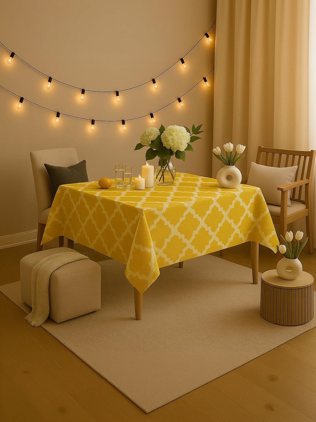 THROWPILLOW Yellow Geometric Printed Anti-Slip 8-Seater Table Cover with Embellished details-picture-12