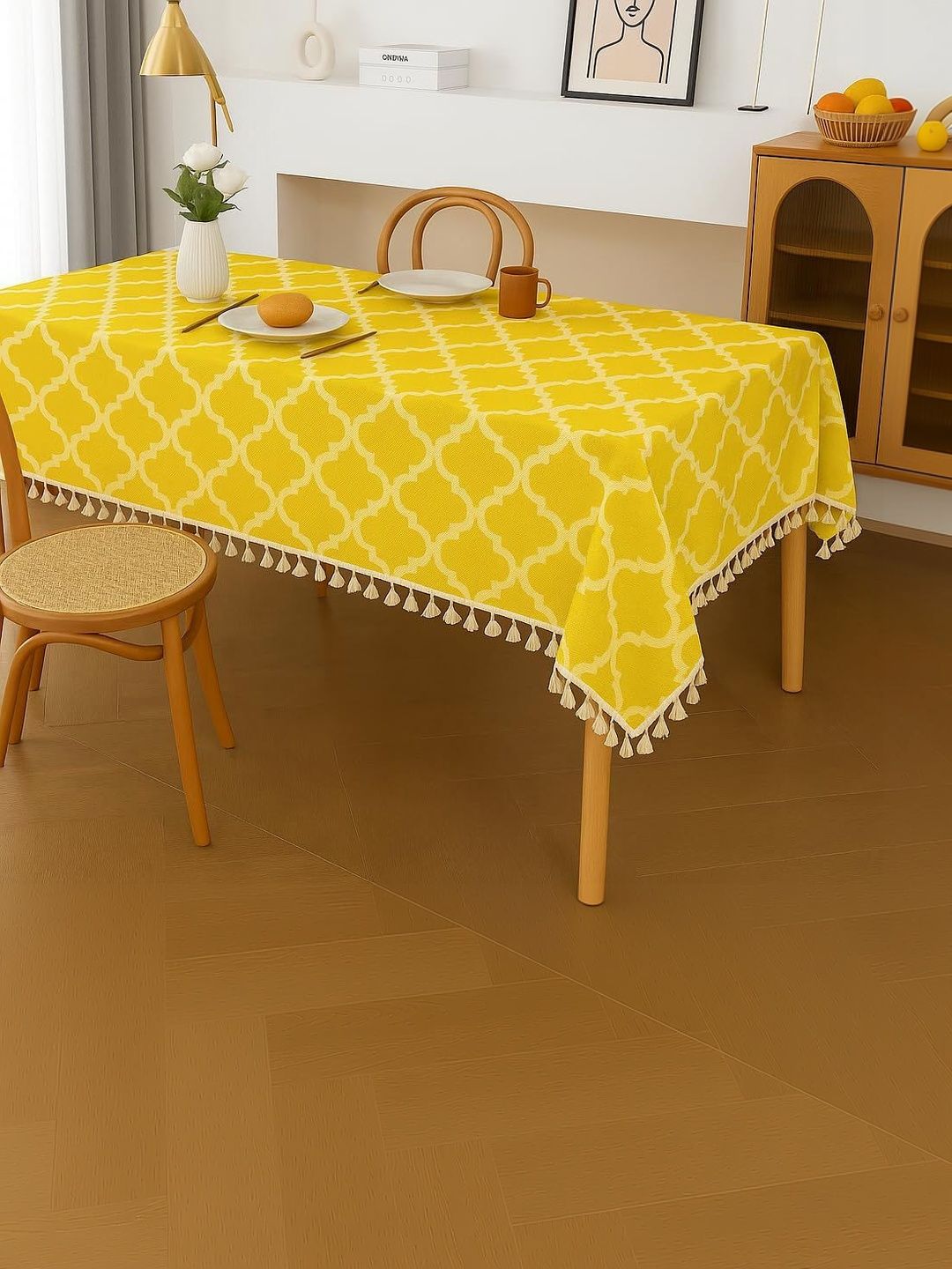 THROWPILLOW Yellow Geometric Printed Anti-Slip 8-Seater Table Cover with Embellished details