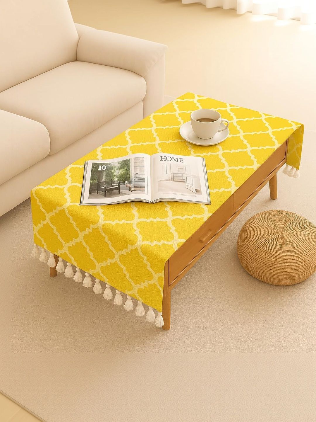 THROWPILLOW Yellow Geometric Printed Anti-Slip 8-Seater Table Cover with Embellished details-picture-45